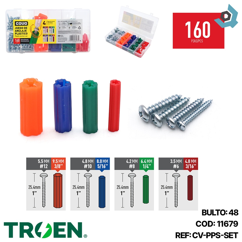 JUEGO DE RAMPLUG Y TORNILLOS 160 PZAS COVO