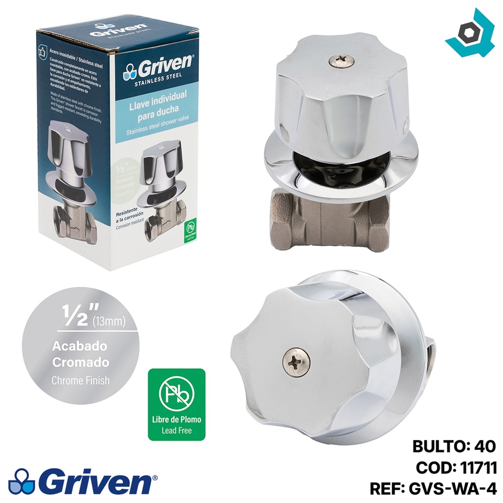 LLAVE PARA DUCHA 1/2" CROMADO ACERO INOXIDABLE GRIVEN