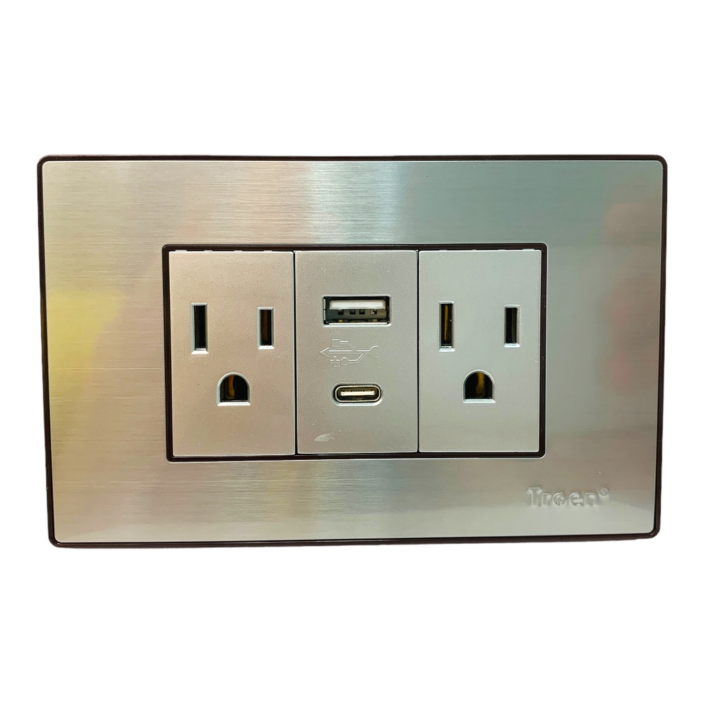 TOMACORRRIENTE DOBLE CON 1 USB Y 1 TIPO C ACERO INOXIDABLE TROEN