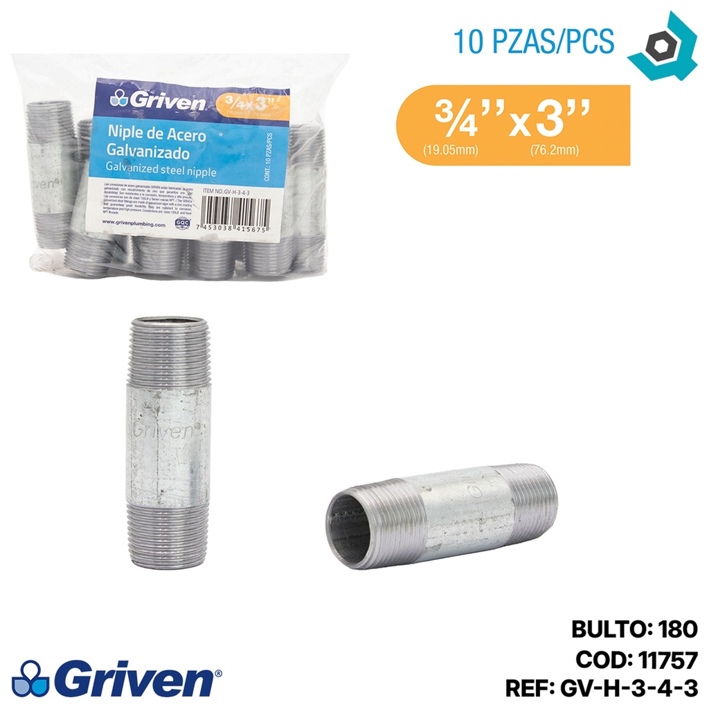 NIPLE 3/4" X 3" DE LARGO DE ACERO GALVANIZADO GRIVEN