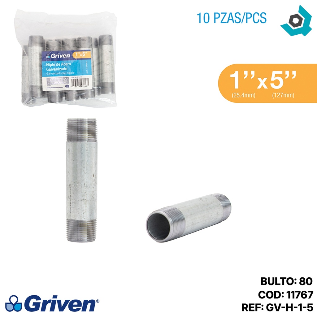 NIPLE 1" X 5" DE LARGO DE ACERO GALVANIZADO GRIVEN
