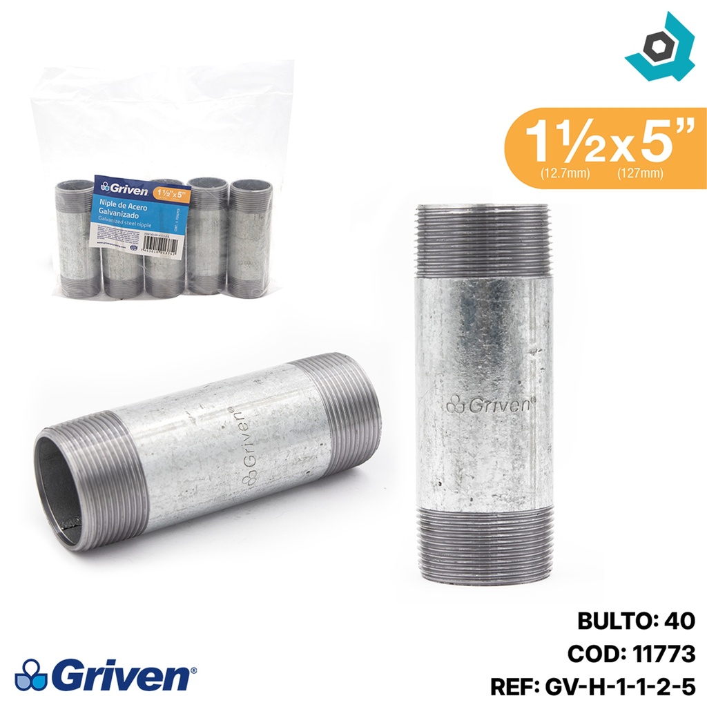 NIPLE 1 1/2" X 5" DE LARGO DE ACERO GALVANIZADO GRIVEN