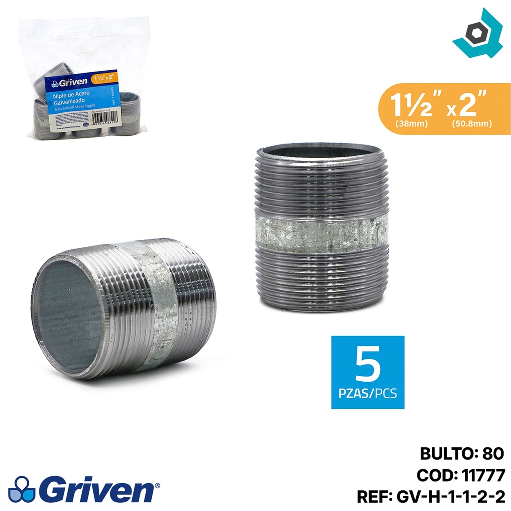 NIPLE 1 1/2" X 2" DE LARGO DE ACERO GALVANIZADO GRIVEN
