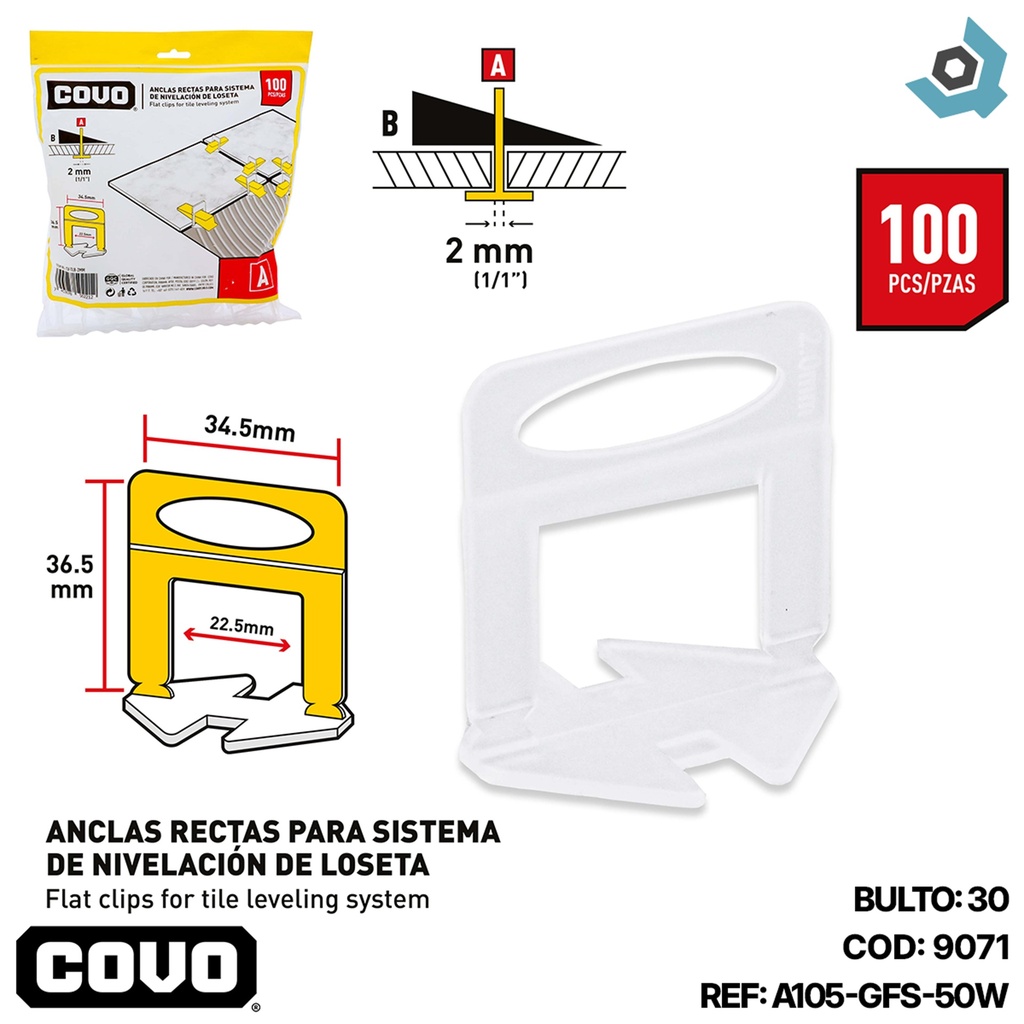 NIVELADORES PARA CERAMICAS 2MM 100 PZAS COVO