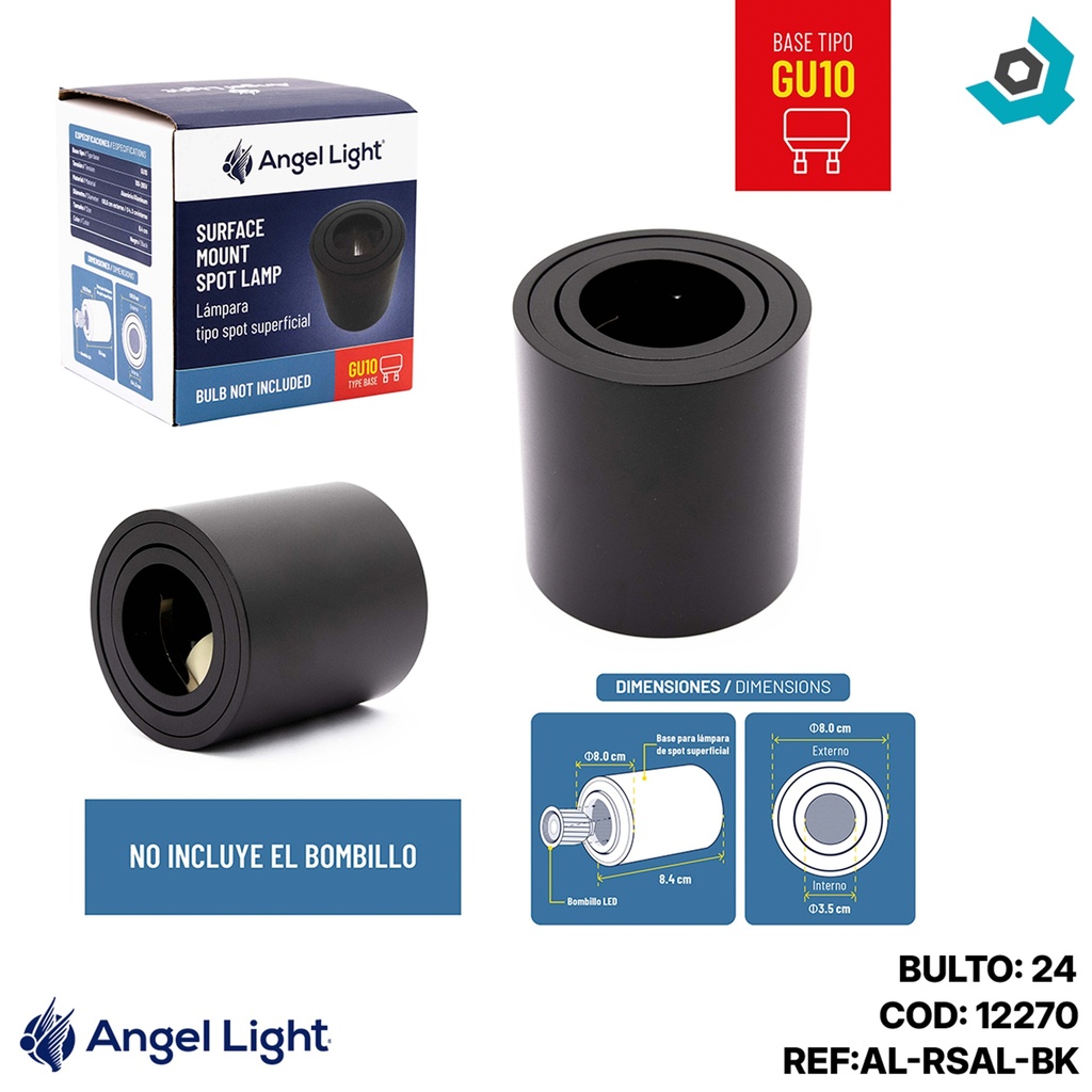 LAMPARA SPOT REDONDA SUPERFICIAL GU10 8.4CM NEGRO ANGEL LIGHT