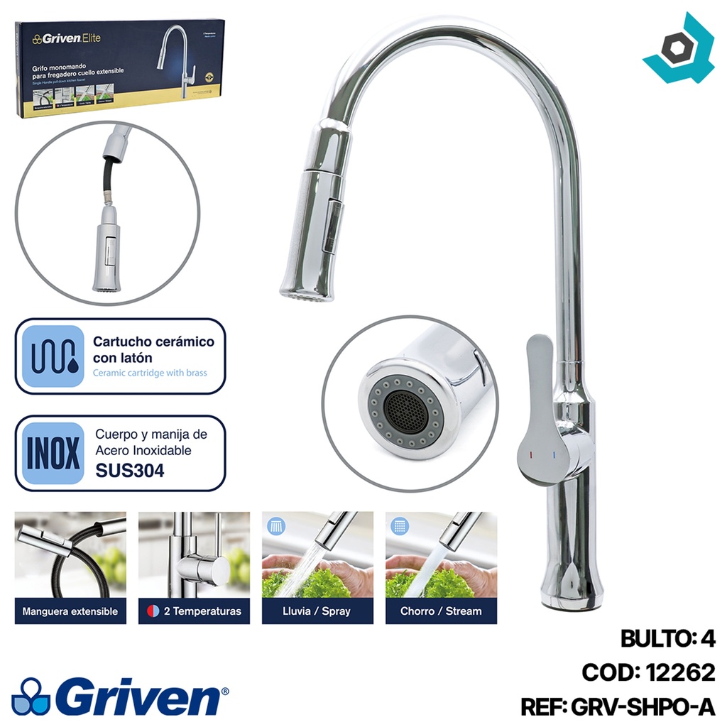 GRIFERIA MONOMANDO PARA FREGADERO CUELLO EXTENSIBLE CROMADO GRIVEN ELITE