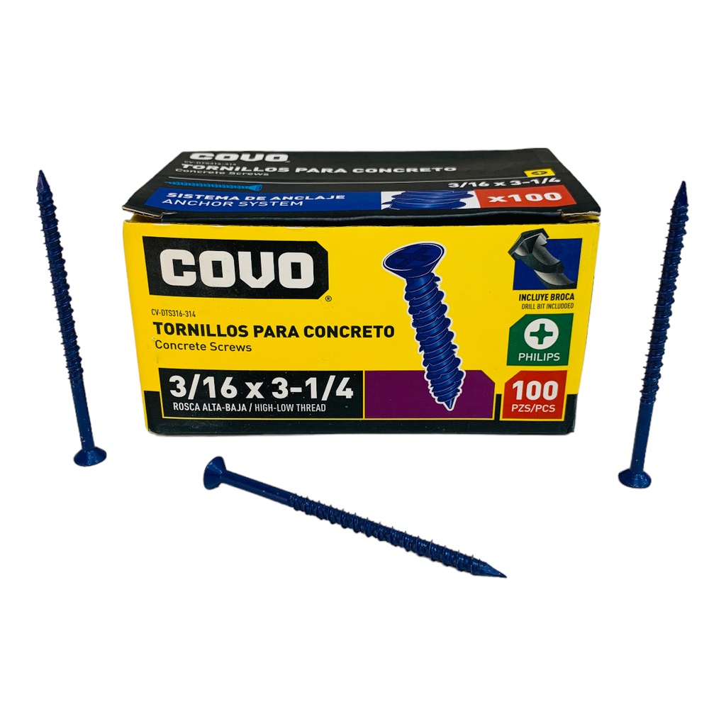 TORNILLOS PARA CONCRETO 3/16” X 3-1/4” 100 PZAS COVO