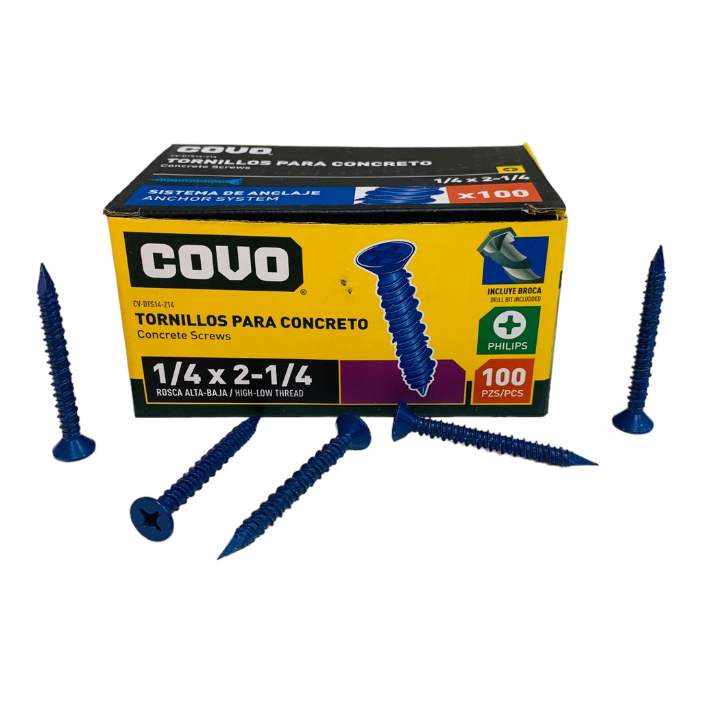 TORNILLOS PARA CONCRETO 1/4" X 2-1/4” 100 PZAS COVO