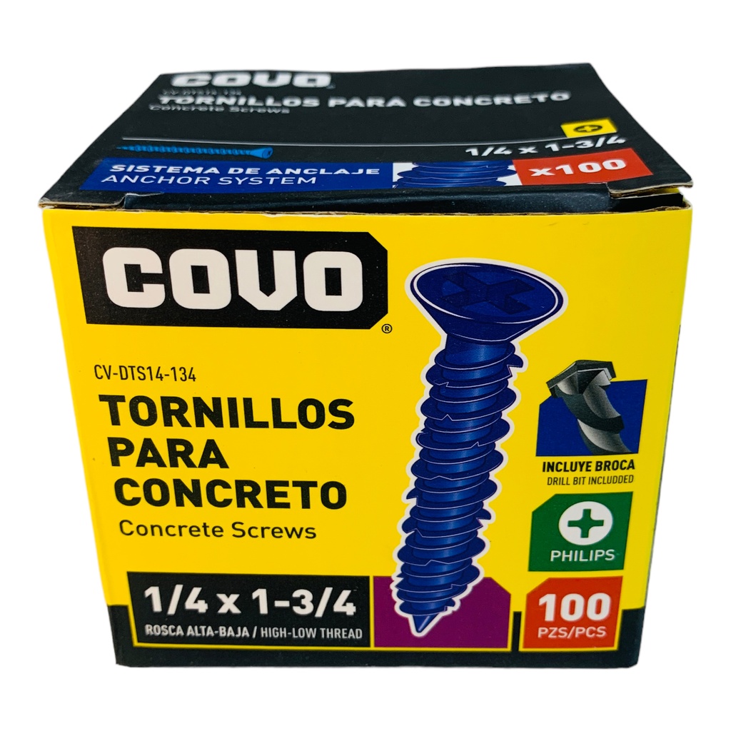 TORNILLOS PARA CONCRETO 1/4” X 1-3/4” 100 PZAS COVO