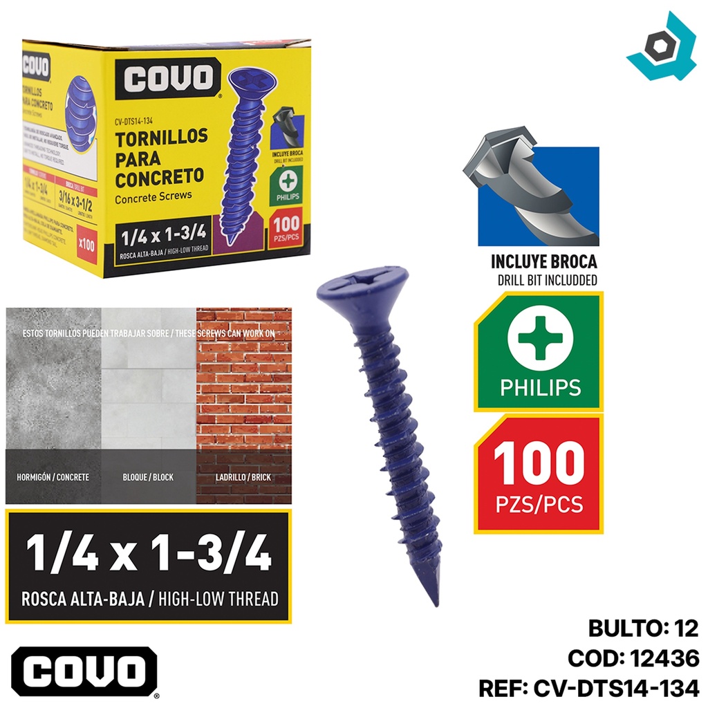 TORNILLOS PARA CONCRETO 1/4” X 1-3/4” 100 PZAS COVO