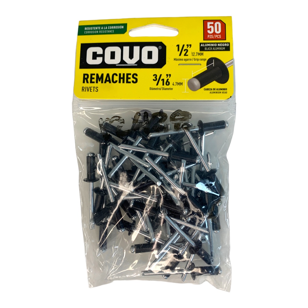 REMACHES 3/16" X 1/2" ALUMINIO NEGRO 50 PIEZAS COVO