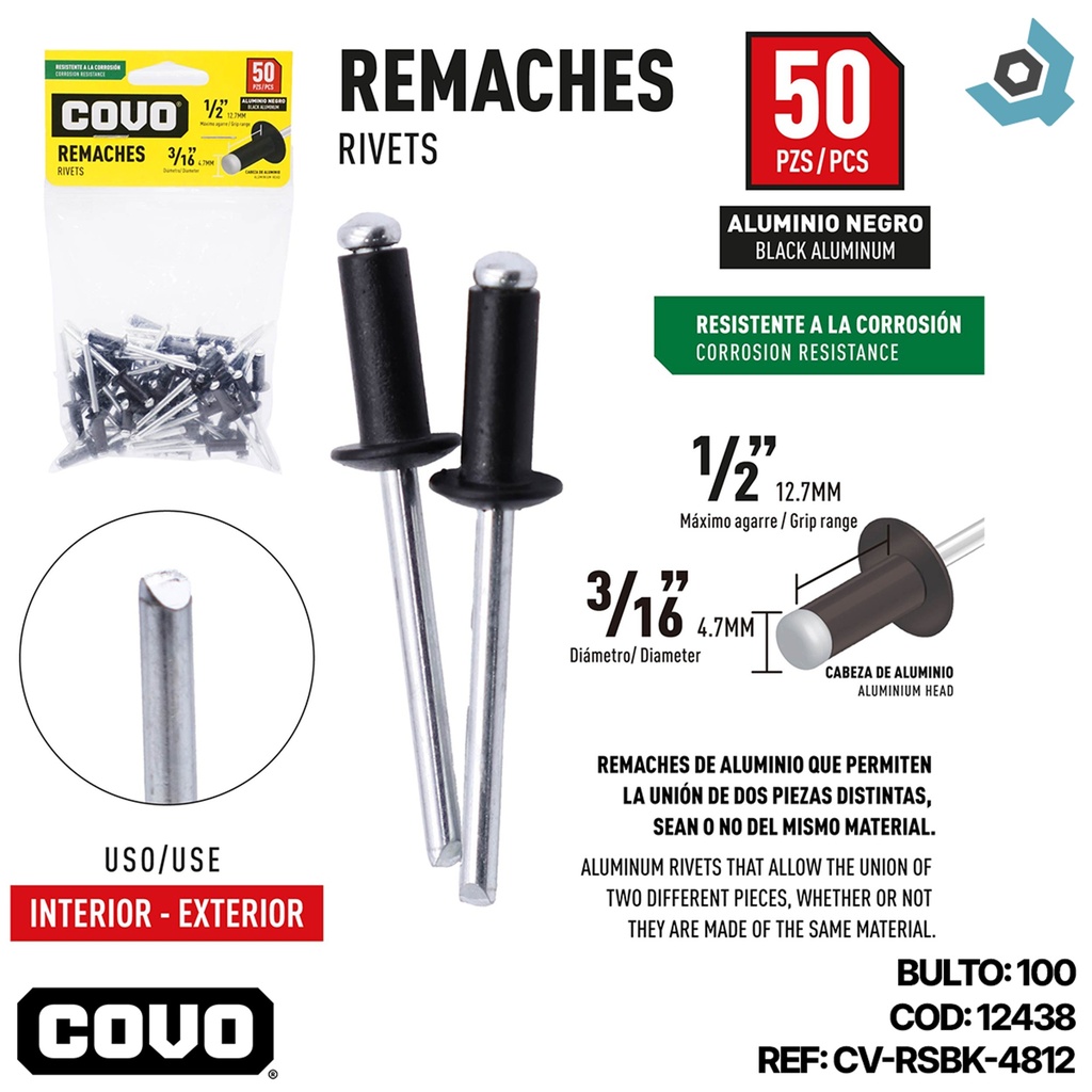 REMACHES 3/16" X 1/2" ALUMINIO NEGRO 50 PIEZAS COVO