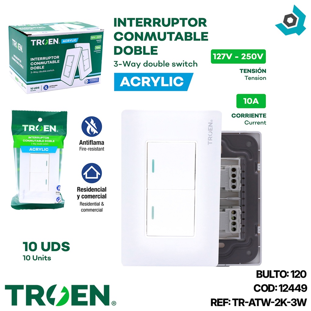 APAGADOR DOBLE 3 WAY DE ACRILICO BLANCO TROEN