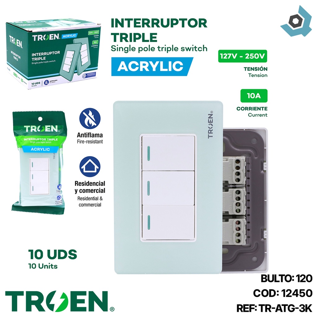 APAGADOR TRIPLE DE ACRILICO VERDE AGUA TROEN