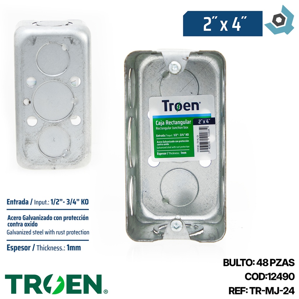 CAJETIN RECTANGULAR 2X4 ACERO GALVANIZADO TROEN