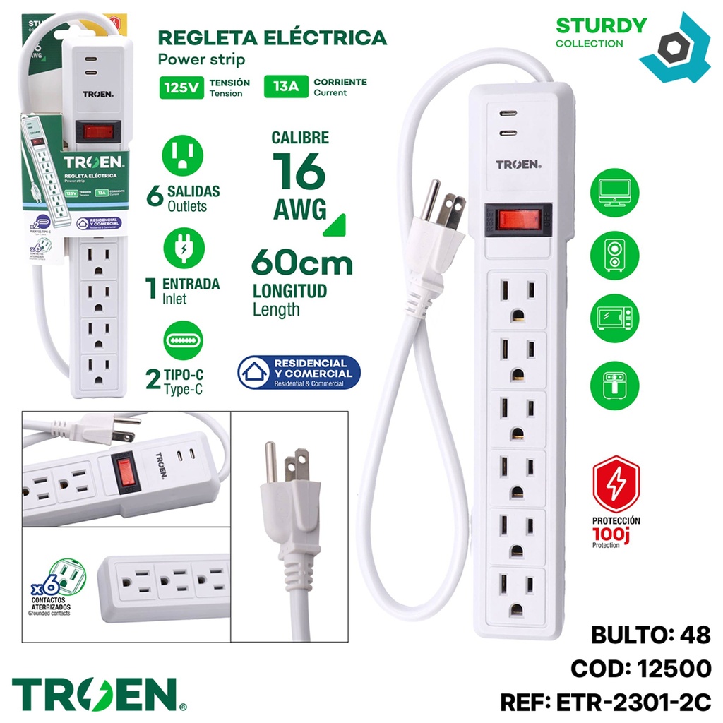 REGLETA ELECTRICA 6 TOMAS CON 2 PUERTOS TIPO C TROEN