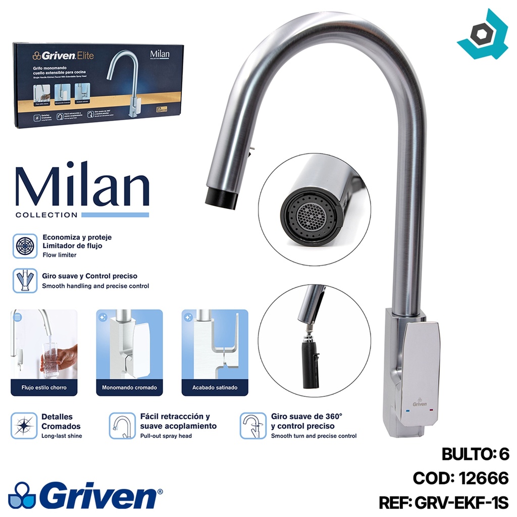 GRIFERIA PARA FREGADERERO SATINADO GRIVEN ELITE EDICION MILAN COLLECTION