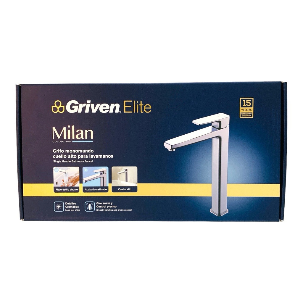 GRIFERIA CUELLO ALTO PARA LAVAMANOS SATINADO GRIVEN ELITE EDICION MILAN COLLECTION