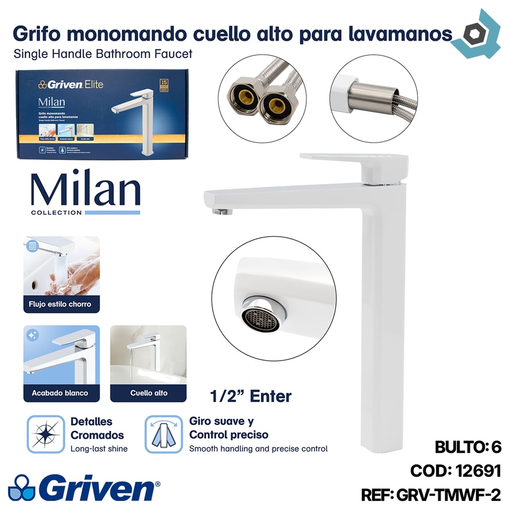 GRIFERIA CUELLO ALTO PARA LAVAMANOS BLANCO GRIVEN ELITE EDICION MILAN COLLECTION