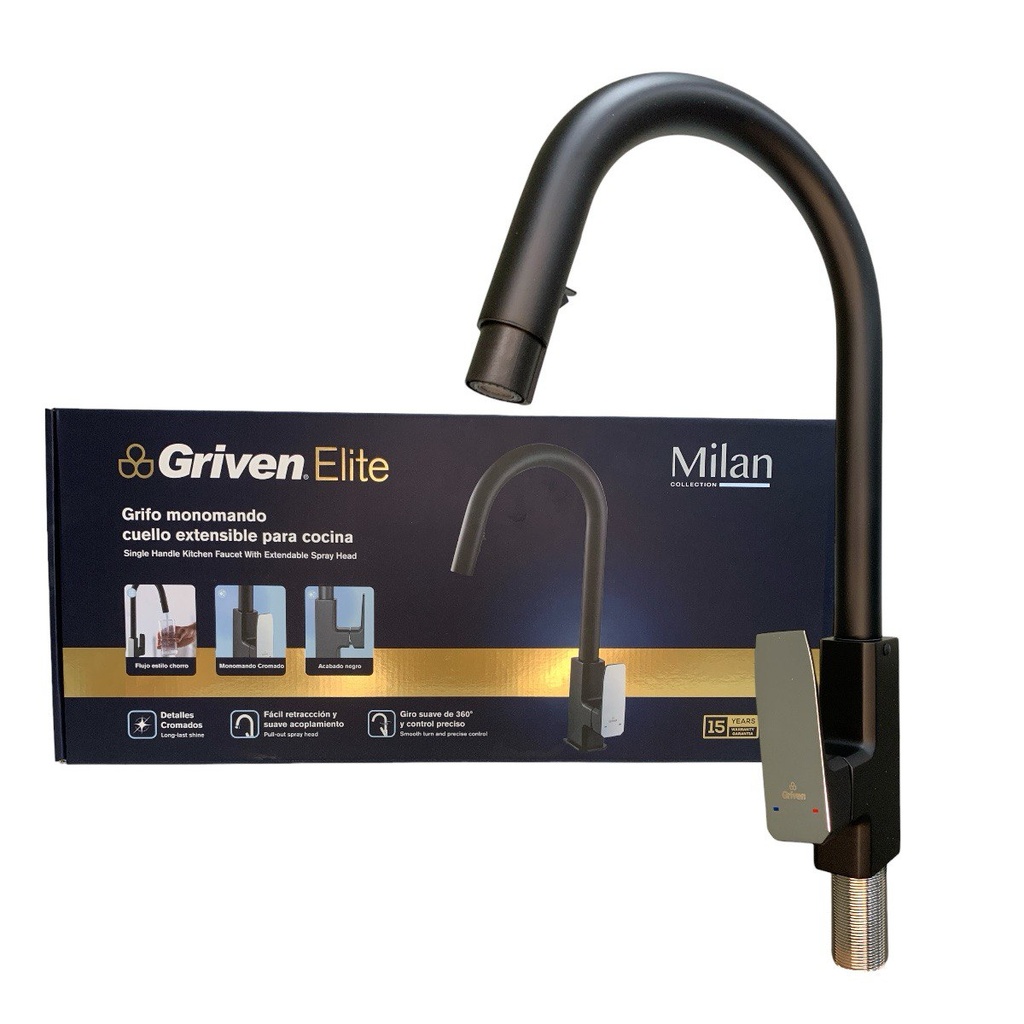 GRIFERIA PARA FREGADERERO CUELLO EXTENSIBLE NEGRO MATE GRIVEN ELITE EDICION MILAN COLLECTION