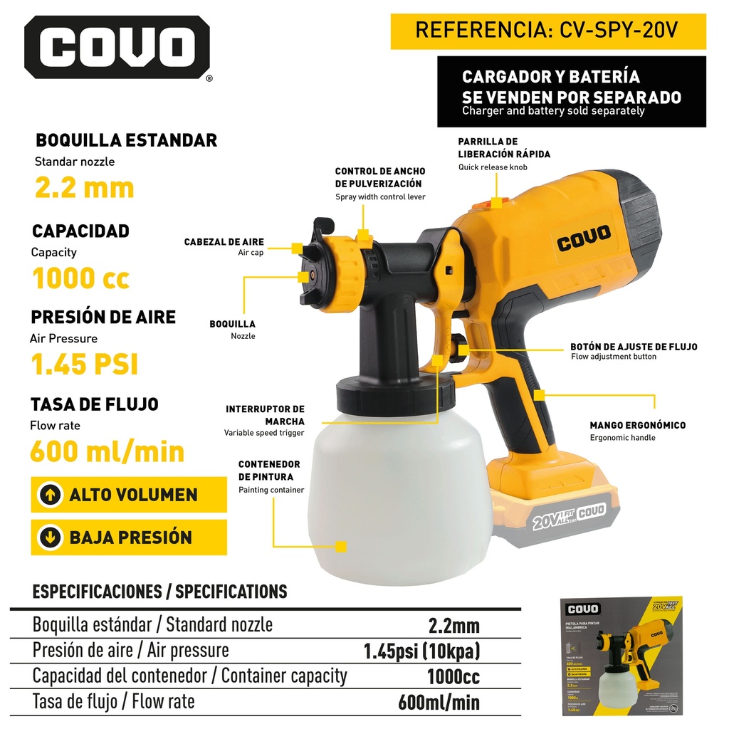 PISTOLA PARA PINTAR INALAMBRICA 20V COVO