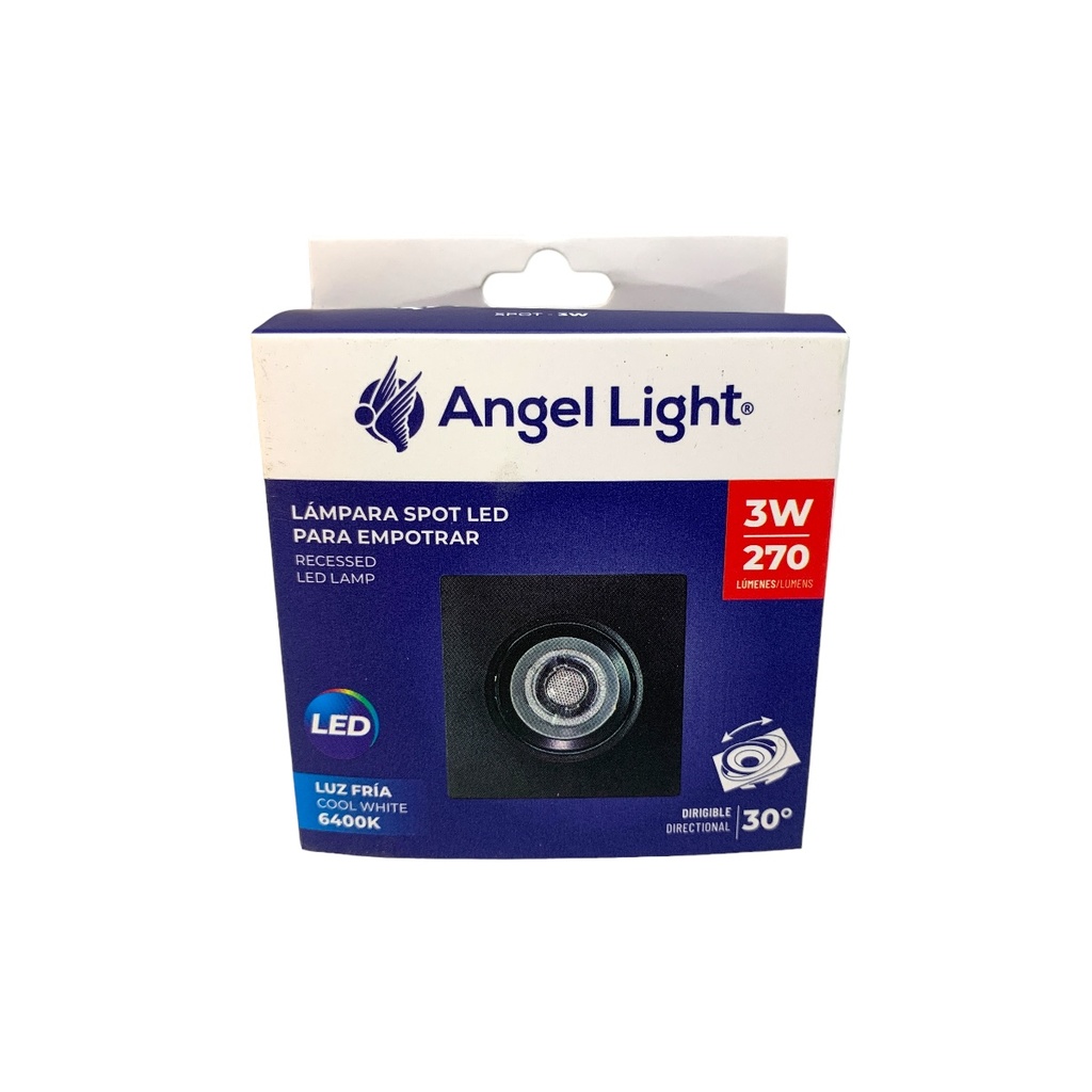 LAMPARA LED OJO DE BUEY 3W CUADRADA 6400K NEGRO ANGEL LIGHT