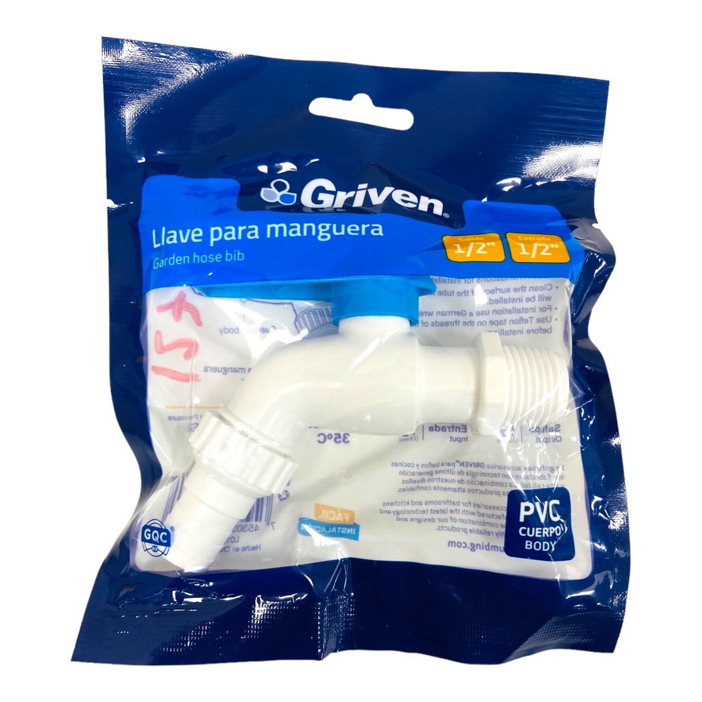 LLAVE PARA MANGUERA 1/2" PVC GRIVEN