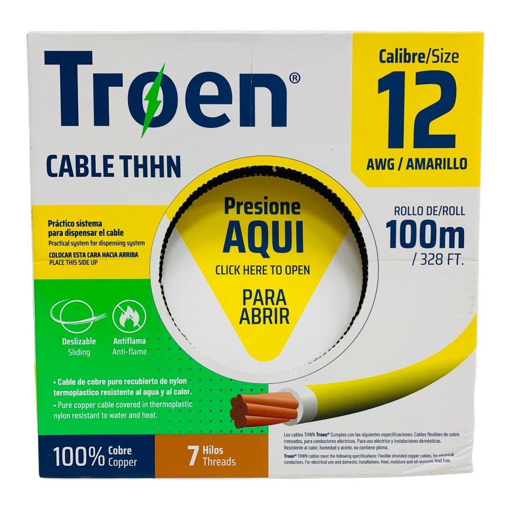 CABLE ELECTRICO 12 AWG AMARILLO 7 HILOS TROEN