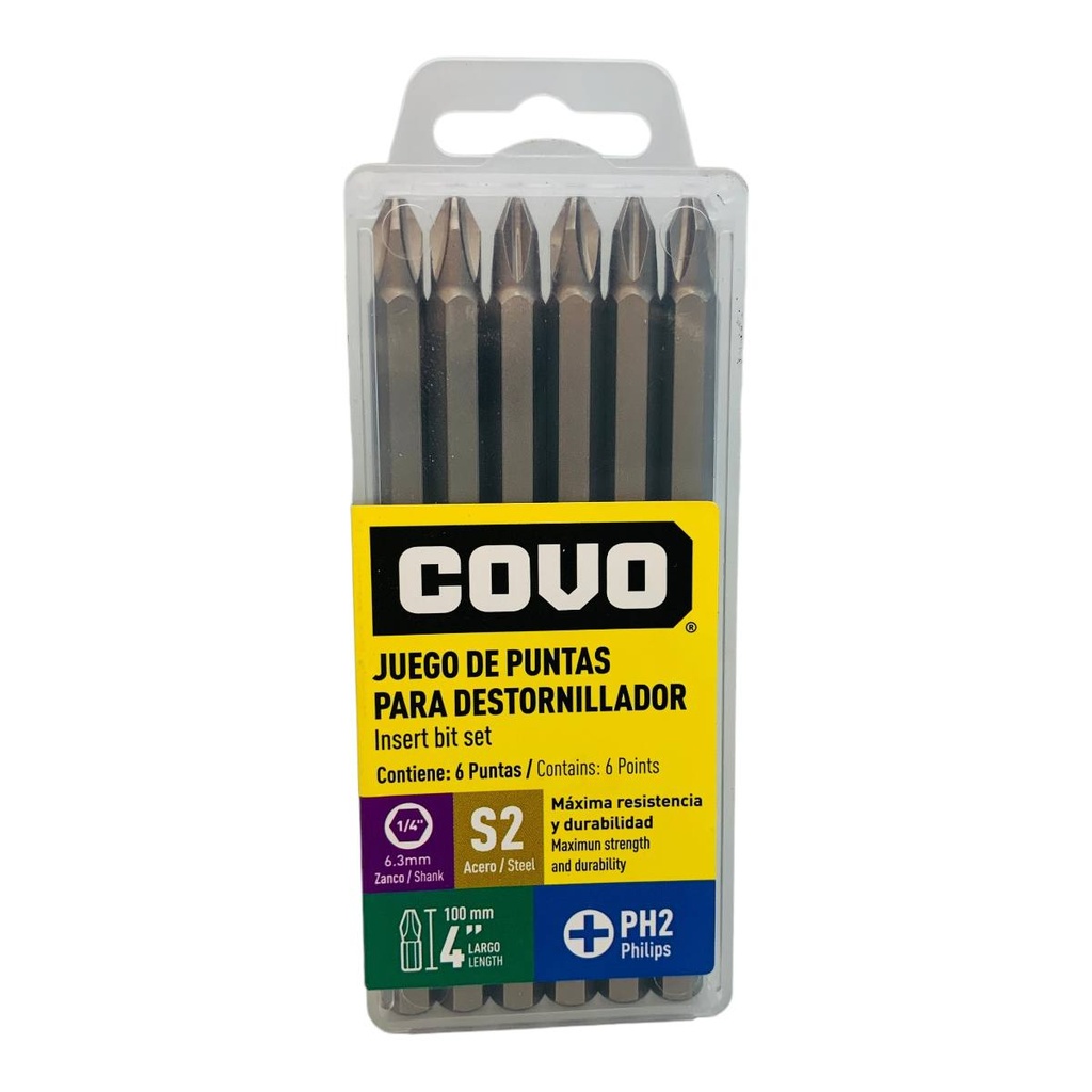 PUNTAS DE ESTRIA 4" PH1 PARA DESTORNILLADOR 6 PZAS COVO
