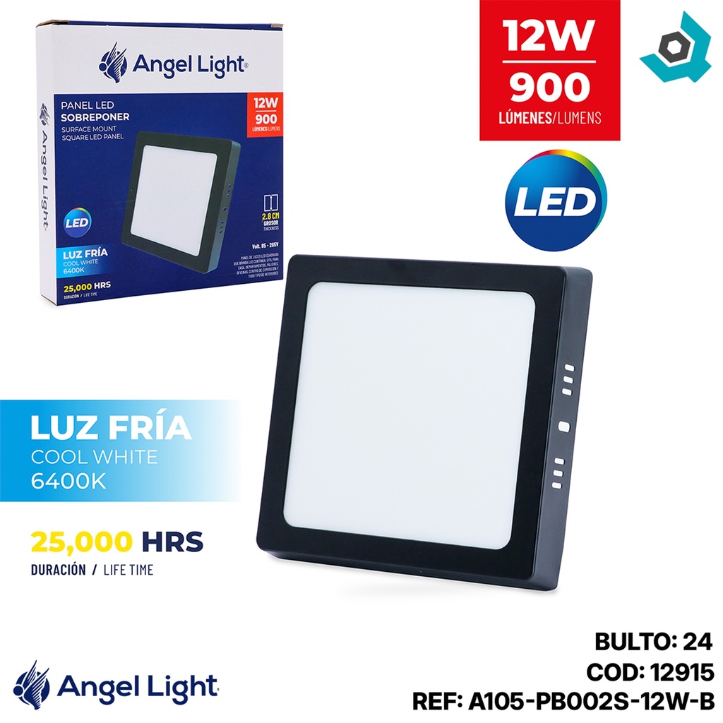 LAMPARA LED SUPERFICIAL CUADRADA 12W 4000K NEGRA ANGEL LIGHT