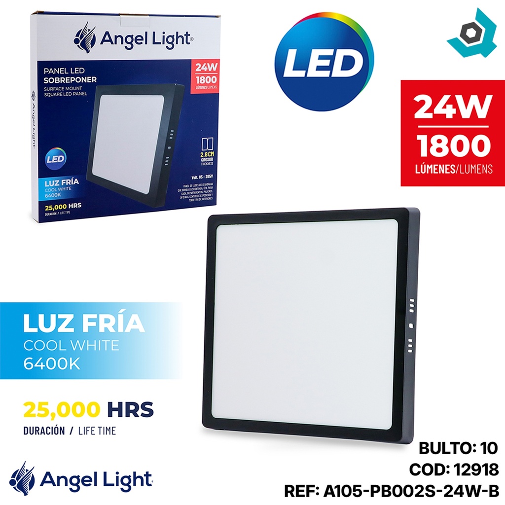 LAMPARA LED SUPERFICIAL CUADRADA 24W 4000K NEGRA ANGEL LIGHT