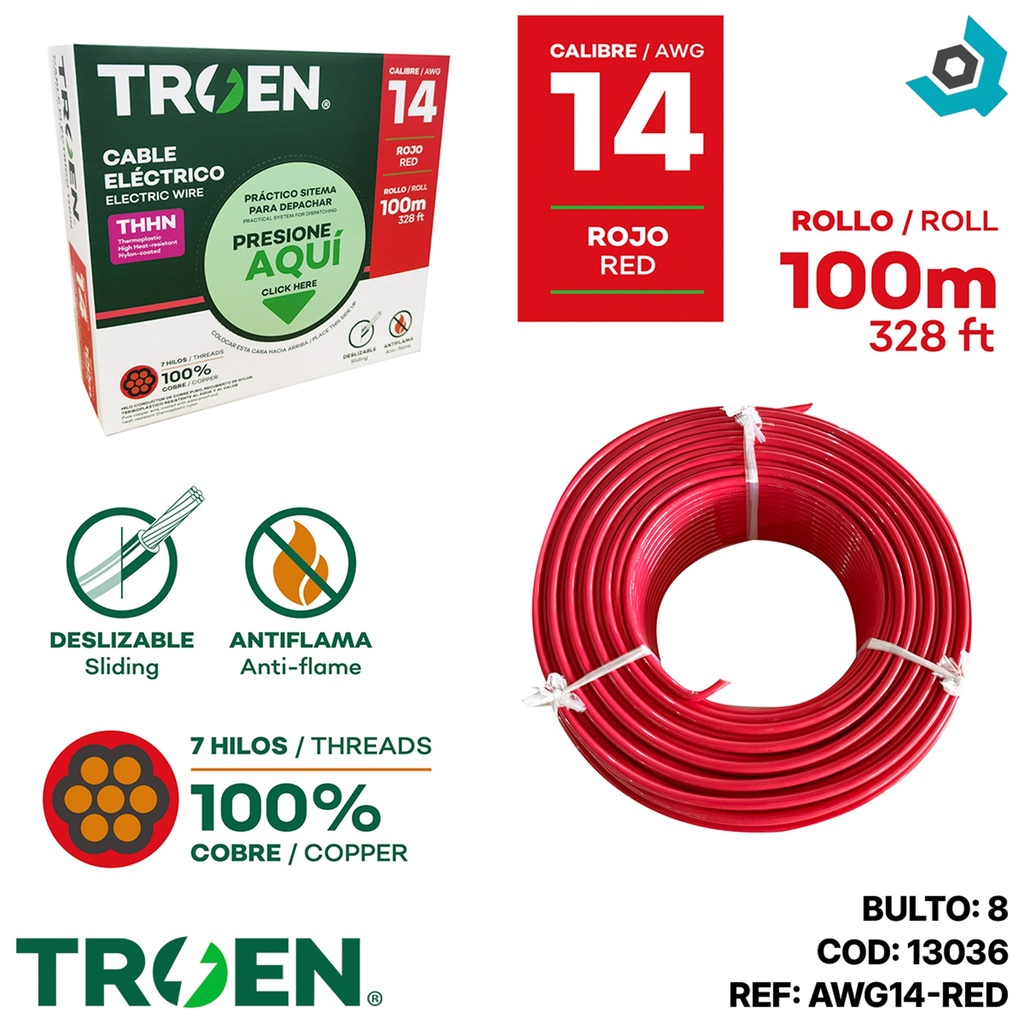 CABLE ELECTRICO 14 AWG ROJO 7 HILOS TROEN