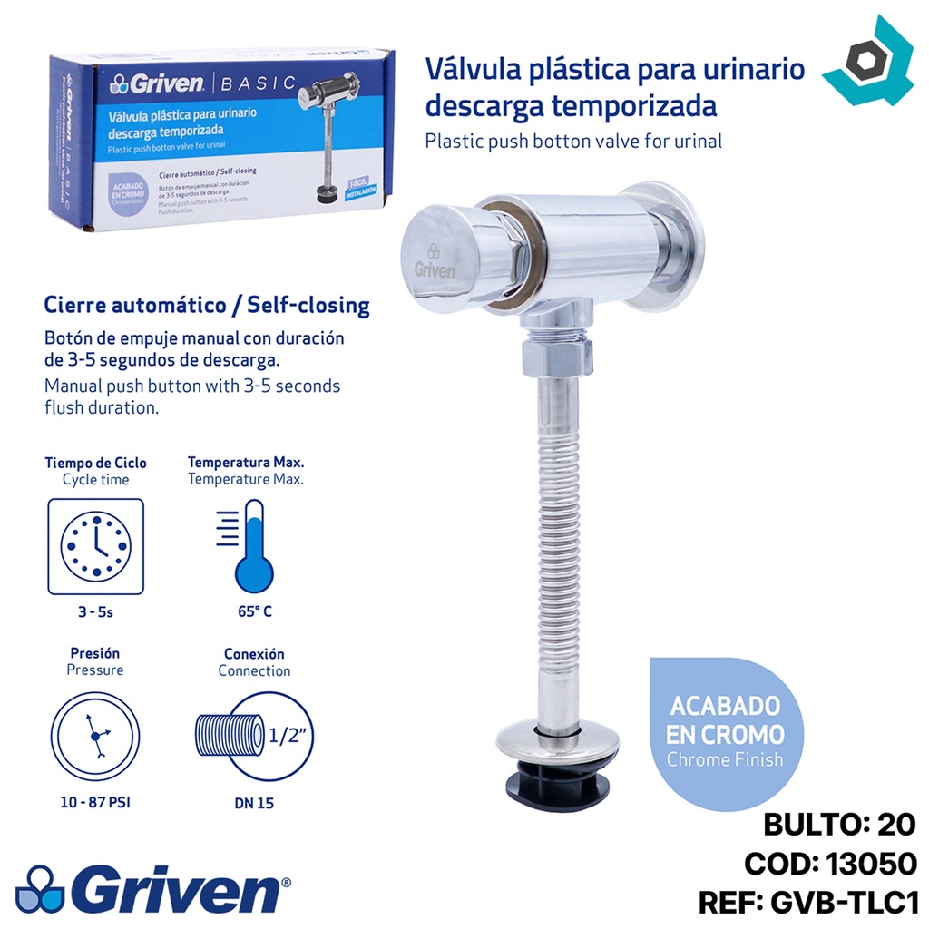 VALVULA PLASTICA PARA URINARIO CROMADO GRIVEN BASIC