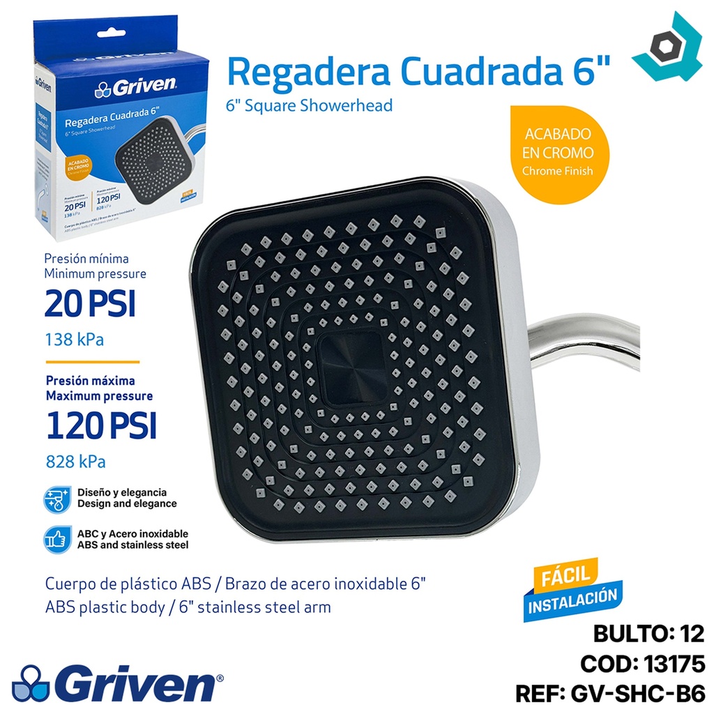 REGADERA CUADRADA 6" CROMADO GRIVEN