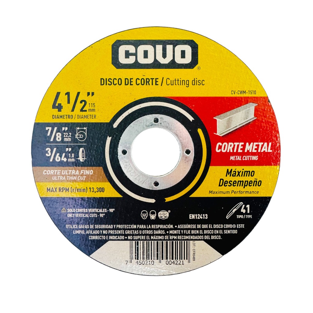 DISCO PARA CORTE EN METAL 4 1/2" ULTRA FINO COVO