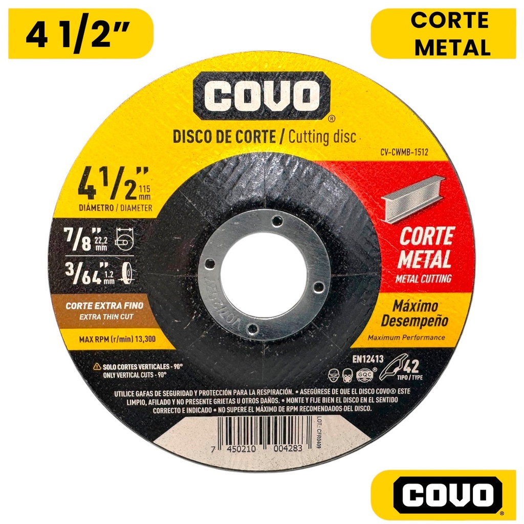 DISCO PARA CORTE EN METAL 4 1/2" EXTRA FINO COVO