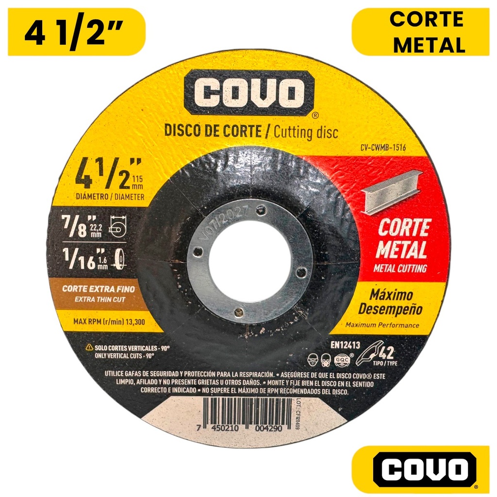 DISCO PARA CORTE EN METAL 4 1/2" EXTRA FINO COVO
