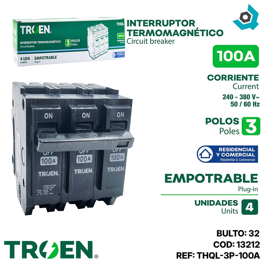 BREAKER PARA EMPOTRAR TERMOMAGNETICO 100A 3P TROEN