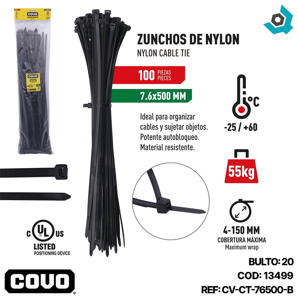 TIRRAJE NYLON NEGRO 7.6 X 500MM 100 PZAS COVO