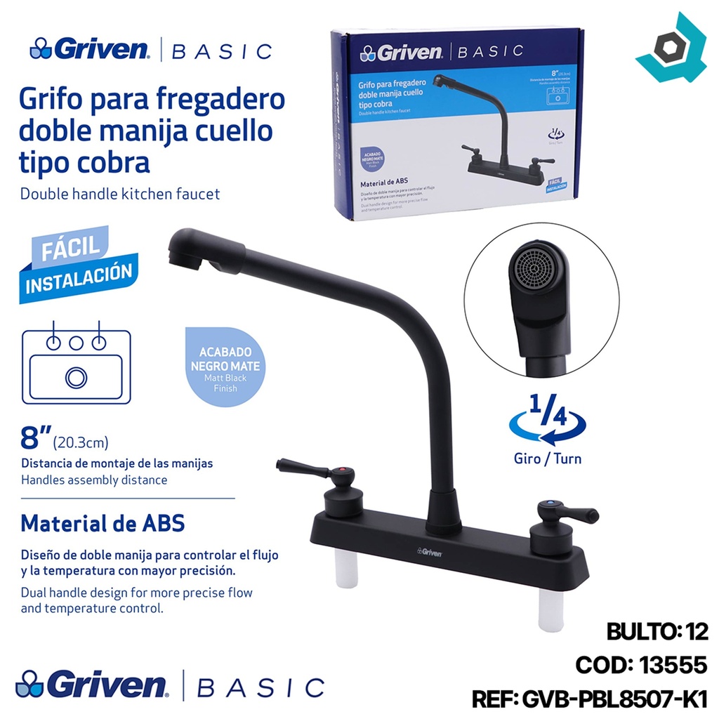 GRIFERIA PARA FREGADERO DOBLE MANIJA CUELLO TIPO COBRA GRIVEN BASIC