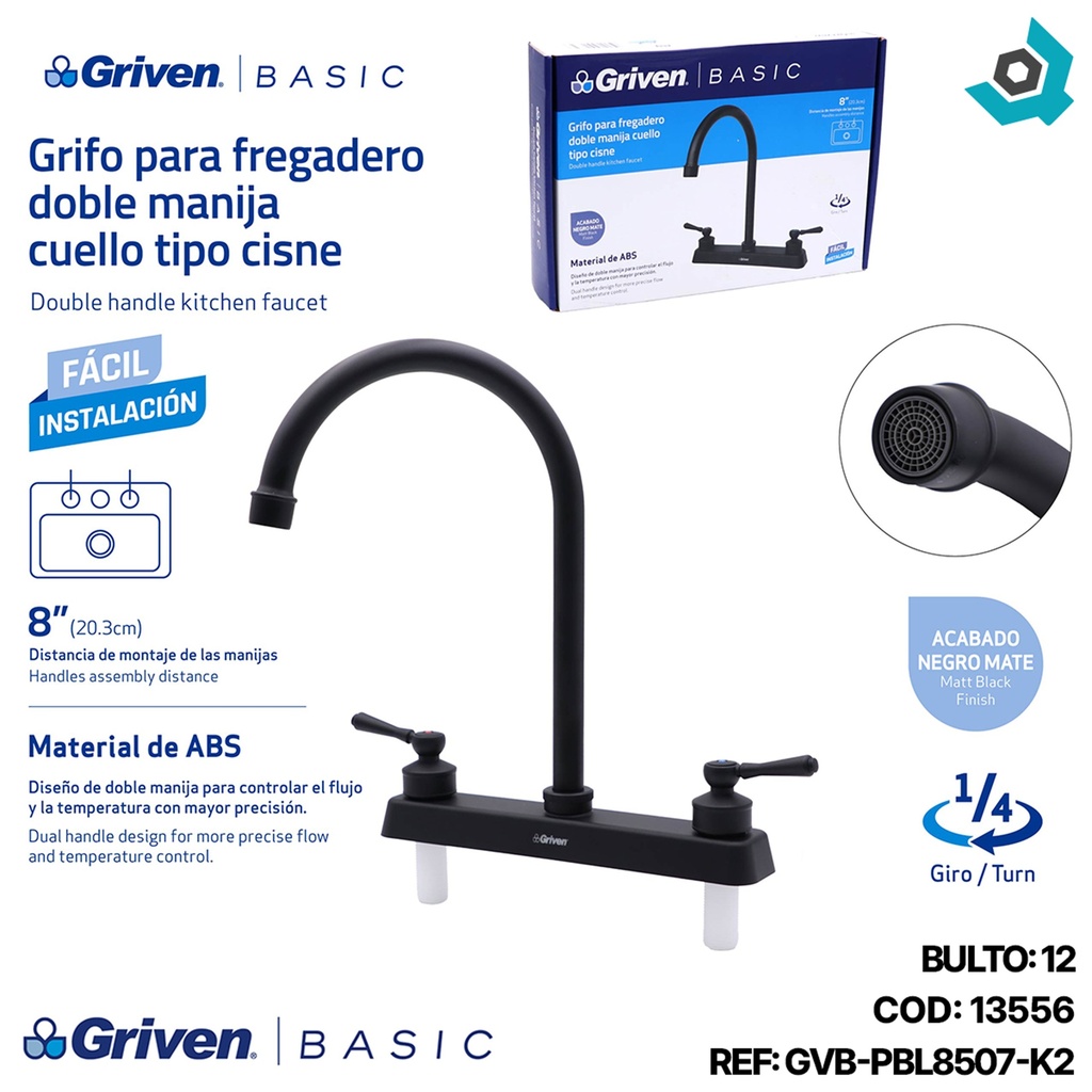 GRIFERIA PARA FREGADERO DOBLE MANIJA CUELLO TIPO CISNE GRIVEN BASIC