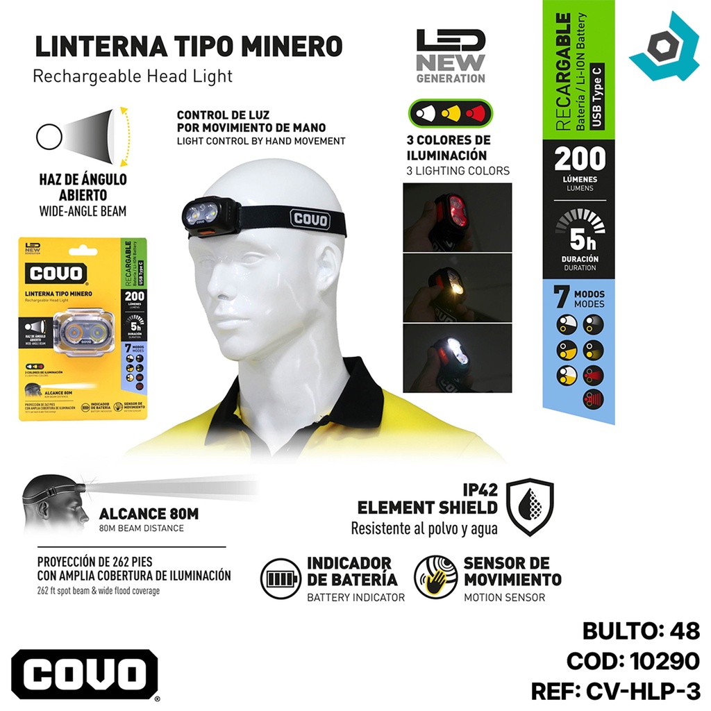 LINTERNA DE CABEZA RECARGABLE COVO