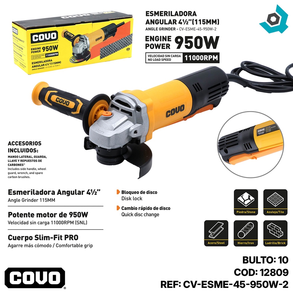 ESMERILADORA ANGULAR DE 4 1/2" 950W COVO