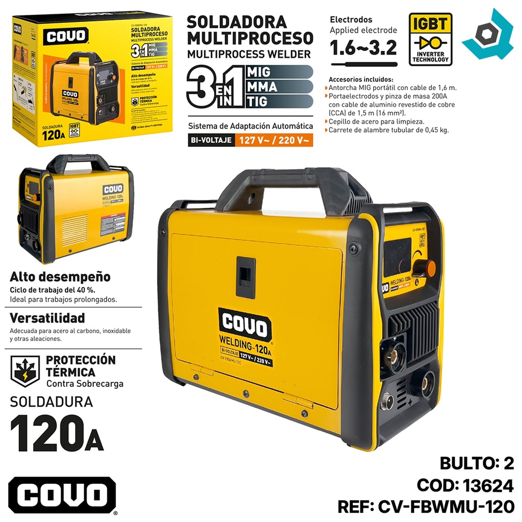 MAQUINA DE SOLDAR MULTIPROCESO 3 EN 1 DE 127V / 220V COVO