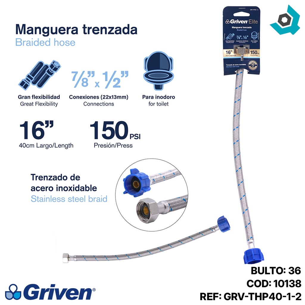 MANGUERA FLEXIBLE 1/2" X 5/8" TRENZADA GRIVEN ELITE