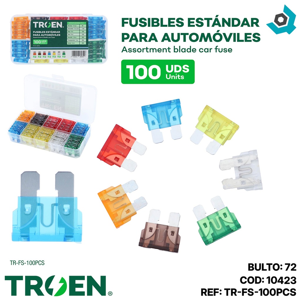 FUSIBLES ESTANDAR PARA AUTOMOVILES 100 PIEZAS TROEN