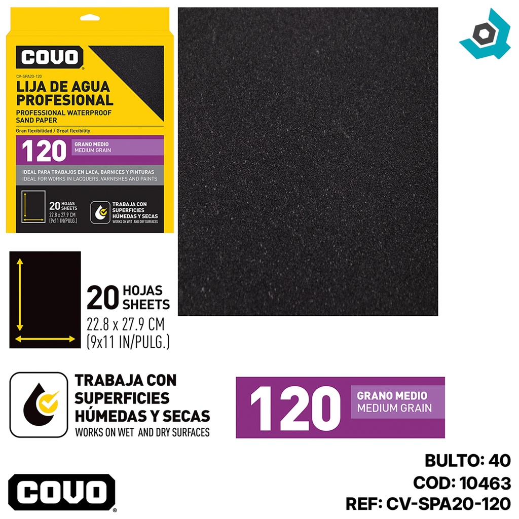 LIJA DE AGUA 9" X 11" GRANO 120 MEDIO COVO