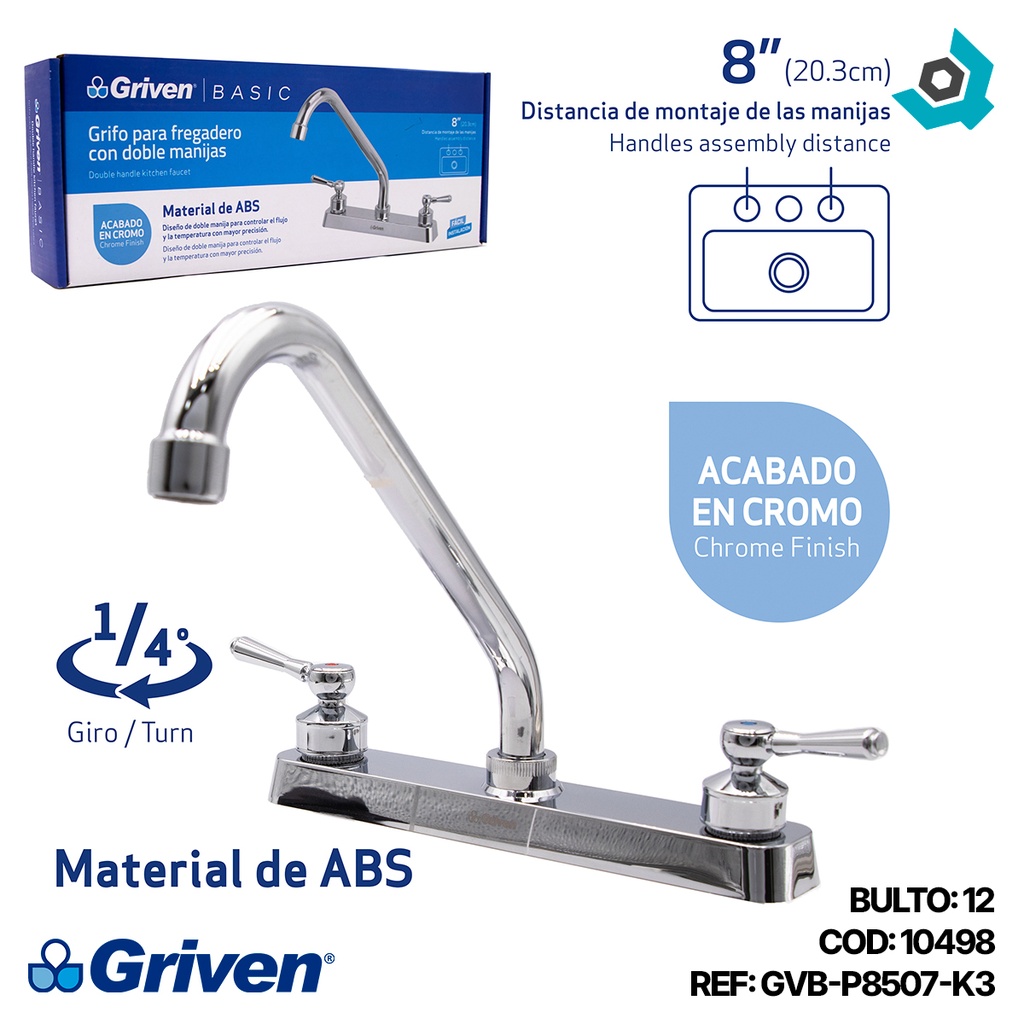 GRIFERIA PARA FREGADERO 8" CON DOBLE MANIJAS GRIVEN BASIC