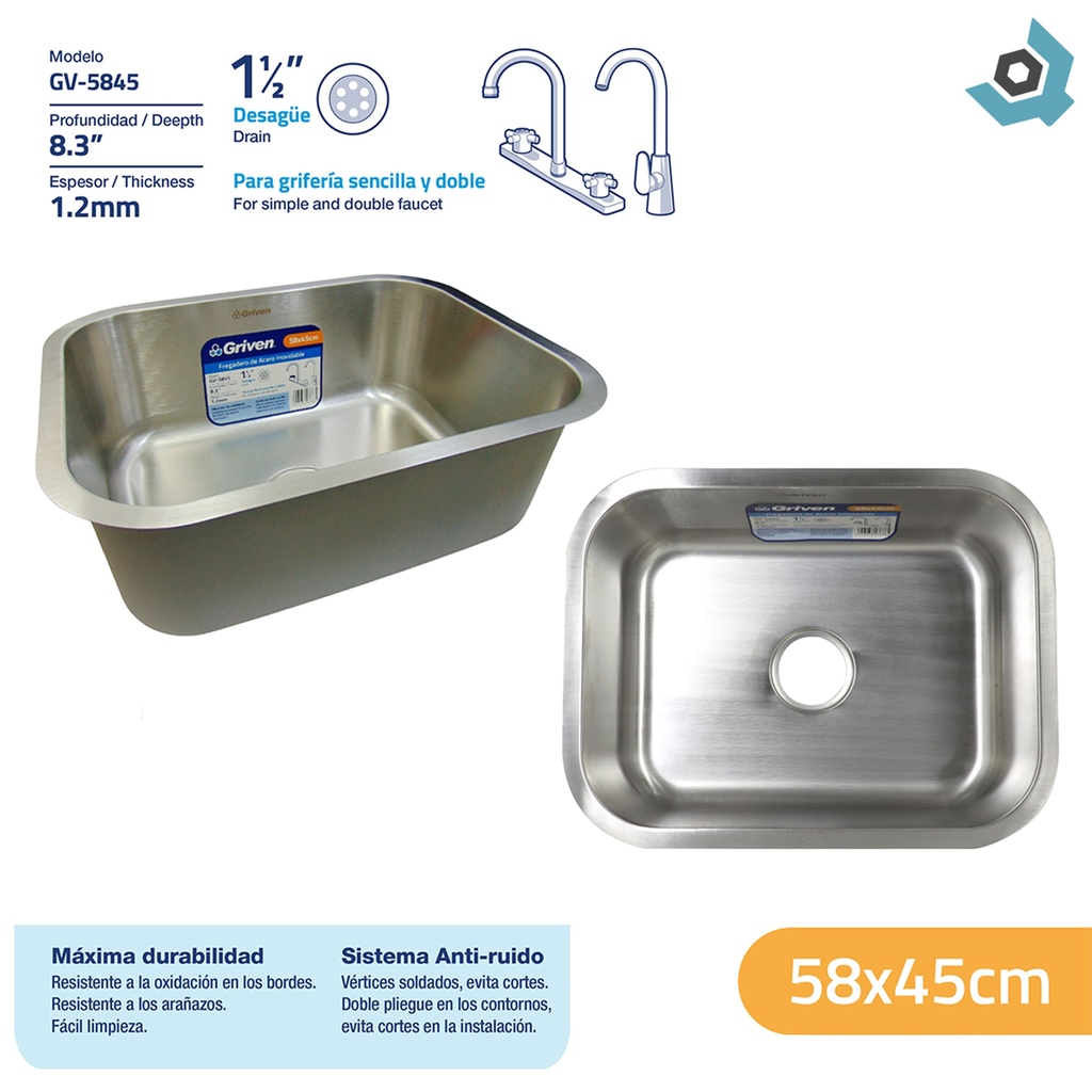 FREGADERO DE SOBREPONER 58X45 CM DE ACERO INOXIDABLE GRIVEN