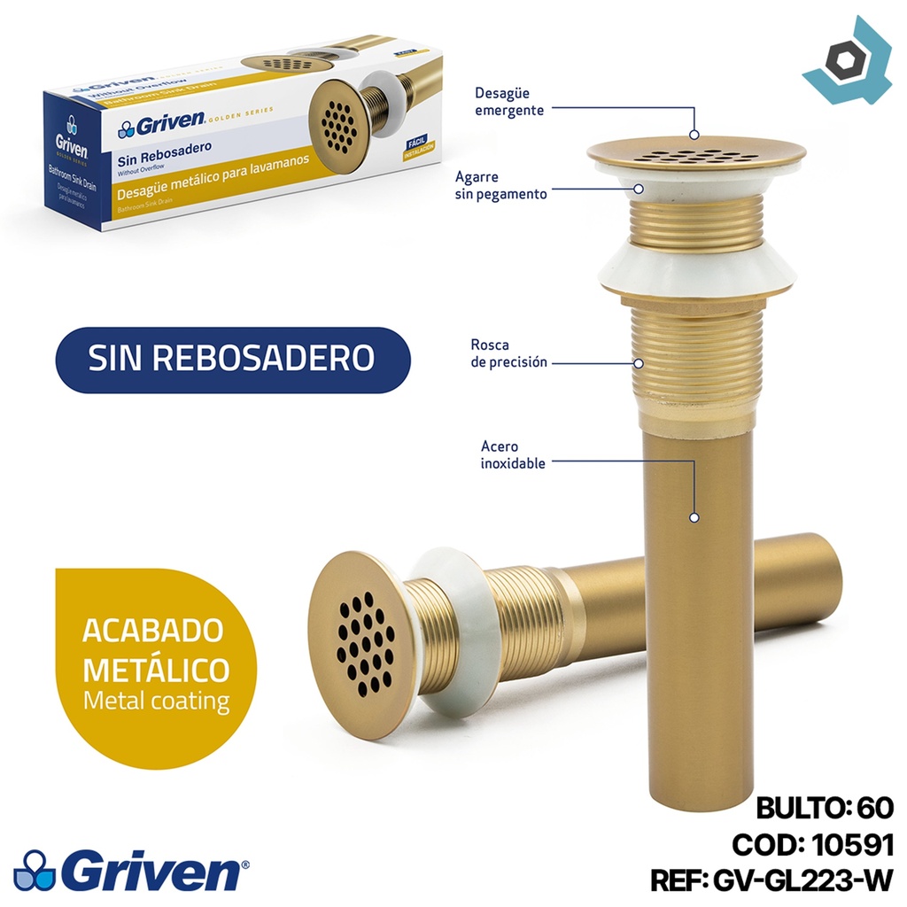 DESAGUE METALICO PARA LAVAMANOS GRIVEN GOLDEN